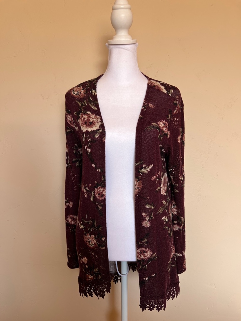 Charlotte Russe Burgundy Floral Open-Front Cardigan